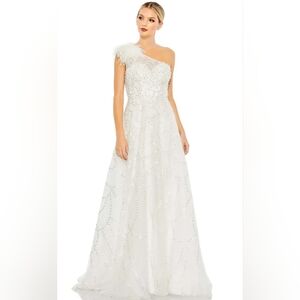 NWT Sz 10 Mac Duggal 20389 Ivory Embellished Feathered One Shoulder A Line Gown